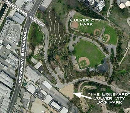Aerial photo of Culver City Park with the dog park location shown.