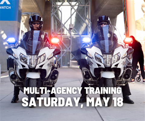 two motor officers parked in front of the Metro Platform with the wording Multi-agency training Saturday, May 18